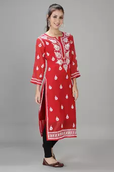 Hand Embroidered Lucknowi Red Chikankari Georgette Kurta with Slip