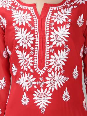 Hand Embroidered Lucknowi Red Chikankari Georgette Kurta with Slip 4