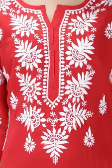 Hand Embroidered Lucknowi Red Chikankari Georgette Kurta with Slip
