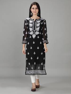 Hand Embroidered Lucknowi Black Chikankari Georgette Kurta with Slip 1