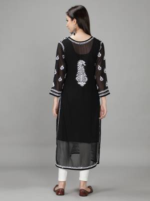 Hand Embroidered Lucknowi Black Chikankari Georgette Kurta with Slip 3
