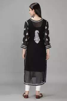 Hand Embroidered Lucknowi Black Chikankari Georgette Kurta with Slip
