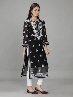 Hand Embroidered Lucknowi Black Chikankari Georgette Kurta with Slip 4