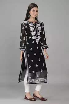 Hand Embroidered Lucknowi Black Chikankari Georgette Kurta with Slip