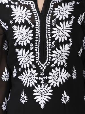Hand Embroidered Lucknowi Black Chikankari Georgette Kurta with Slip 5