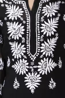 Hand Embroidered Lucknowi Black Chikankari Georgette Kurta with Slip