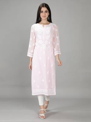 Hand Embroidered Lucknowi Light Pink Chikankari Georgette Kurta with Slip 1