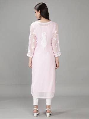 Hand Embroidered Lucknowi Light Pink Chikankari Georgette Kurta with Slip 2