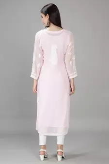 Hand Embroidered Lucknowi Light Pink Chikankari Georgette Kurta with Slip