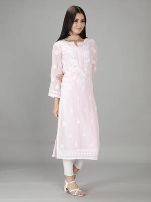 Hand Embroidered Lucknowi Light Pink Chikankari Georgette Kurta with Slip 3
