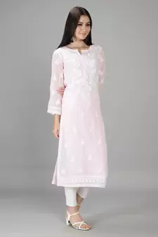 Hand Embroidered Lucknowi Light Pink Chikankari Georgette Kurta with Slip