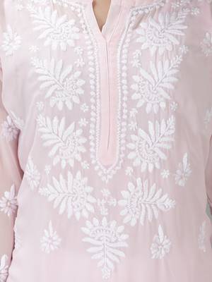 Hand Embroidered Lucknowi Light Pink Chikankari Georgette Kurta with Slip 4