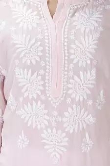 Hand Embroidered Lucknowi Light Pink Chikankari Georgette Kurta with Slip