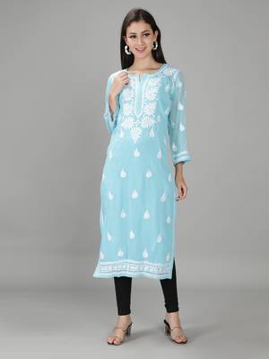 Hand Embroidered Lucknowi Blue Chikankari Georgette Kurta with Slip 1