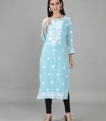 Hand Embroidered Lucknowi Blue Chikankari Georgette Kurta with Slip