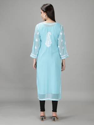 Hand Embroidered Lucknowi Blue Chikankari Georgette Kurta with Slip 2