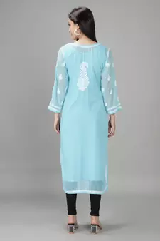 Hand Embroidered Lucknowi Blue Chikankari Georgette Kurta with Slip