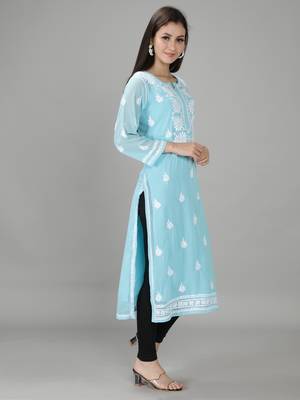 Hand Embroidered Lucknowi Blue Chikankari Georgette Kurta with Slip 3
