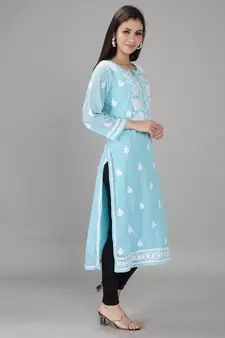 Hand Embroidered Lucknowi Blue Chikankari Georgette Kurta with Slip