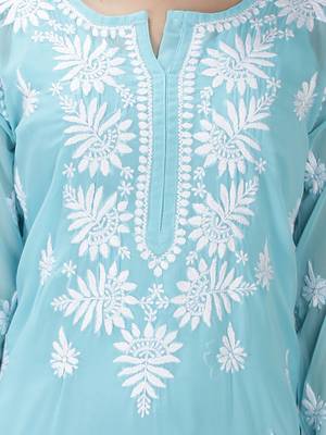 Hand Embroidered Lucknowi Blue Chikankari Georgette Kurta with Slip 4