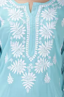 Hand Embroidered Lucknowi Blue Chikankari Georgette Kurta with Slip