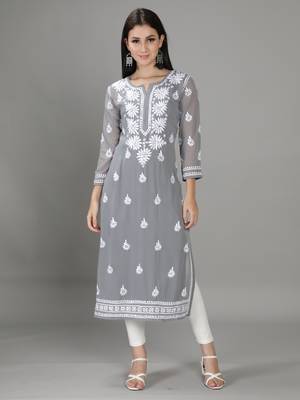 Hand Embroidered Lucknowi Grey Chikankari Georgette Kurta with Slip 1