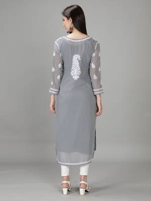Hand Embroidered Lucknowi Grey Chikankari Georgette Kurta with Slip 3