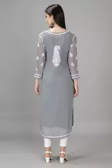 Hand Embroidered Lucknowi Grey Chikankari Georgette Kurta with Slip