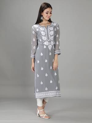 Hand Embroidered Lucknowi Grey Chikankari Georgette Kurta with Slip 4