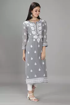 Hand Embroidered Lucknowi Grey Chikankari Georgette Kurta with Slip