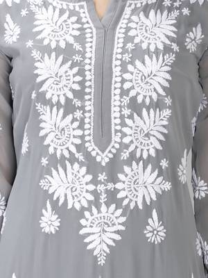 Hand Embroidered Lucknowi Grey Chikankari Georgette Kurta with Slip 5