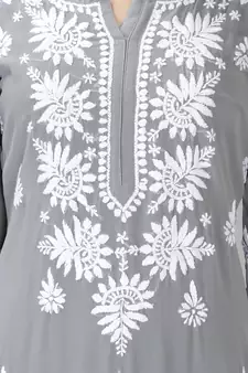 Hand Embroidered Lucknowi Grey Chikankari Georgette Kurta with Slip