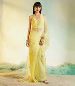 Pastel Yellow Organza Saree with Sleeveless Blouse