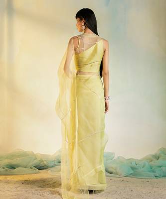 Pastel Yellow Organza Saree with Sleeveless Blouse 2
