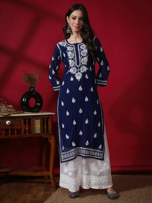 Hand Embroidered Lucknowi Navy Blue Chikankari Georgette Kurta with Slip 1