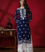 Hand Embroidered Lucknowi Navy Blue Chikankari Georgette Kurta with Slip