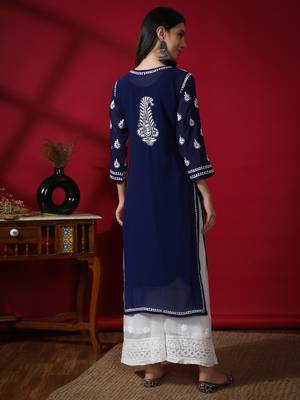 Hand Embroidered Lucknowi Navy Blue Chikankari Georgette Kurta with Slip 2