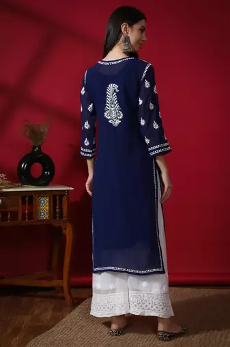 Hand Embroidered Lucknowi Navy Blue Chikankari Georgette Kurta with Slip
