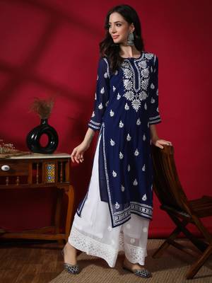Hand Embroidered Lucknowi Navy Blue Chikankari Georgette Kurta with Slip 3