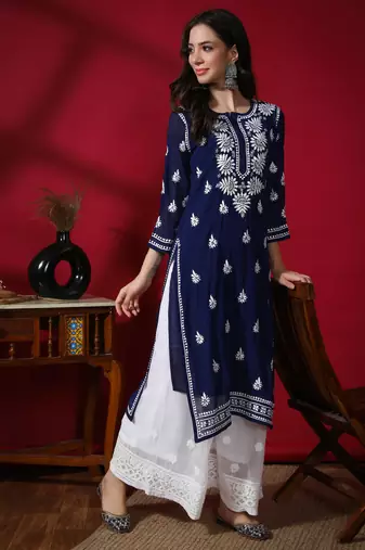 Hand Embroidered Lucknowi Navy Blue Chikankari Georgette Kurta with Slip