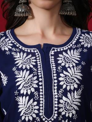 Hand Embroidered Lucknowi Navy Blue Chikankari Georgette Kurta with Slip 4
