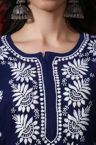 Hand Embroidered Lucknowi Navy Blue Chikankari Georgette Kurta with Slip