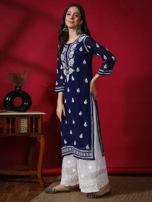 Hand Embroidered Lucknowi Navy Blue Chikankari Georgette Kurta with Slip 5
