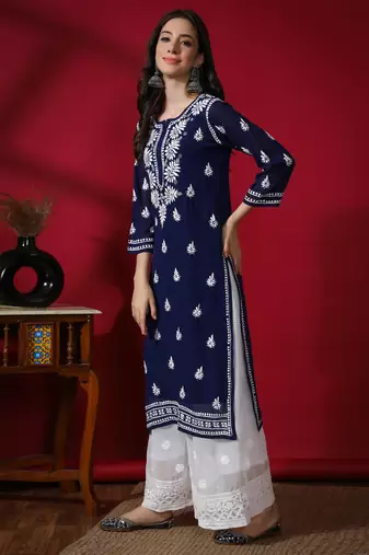 Hand Embroidered Lucknowi Navy Blue Chikankari Georgette Kurta with Slip
