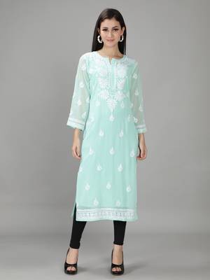 Hand Embroidered Lucknowi Sea Green Chikankari Georgette Kurta with Slip 1