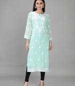 Hand Embroidered Lucknowi Sea Green Chikankari Georgette Kurta with Slip