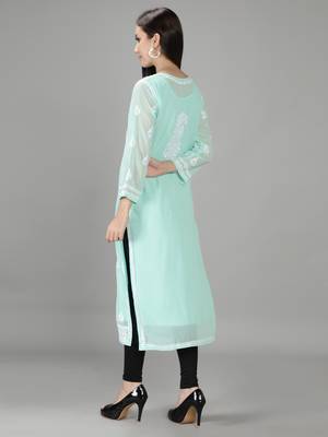 Hand Embroidered Lucknowi Sea Green Chikankari Georgette Kurta with Slip 2