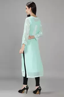 Hand Embroidered Lucknowi Sea Green Chikankari Georgette Kurta with Slip