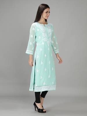 Hand Embroidered Lucknowi Sea Green Chikankari Georgette Kurta with Slip 3