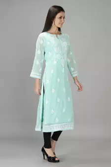 Hand Embroidered Lucknowi Sea Green Chikankari Georgette Kurta with Slip
